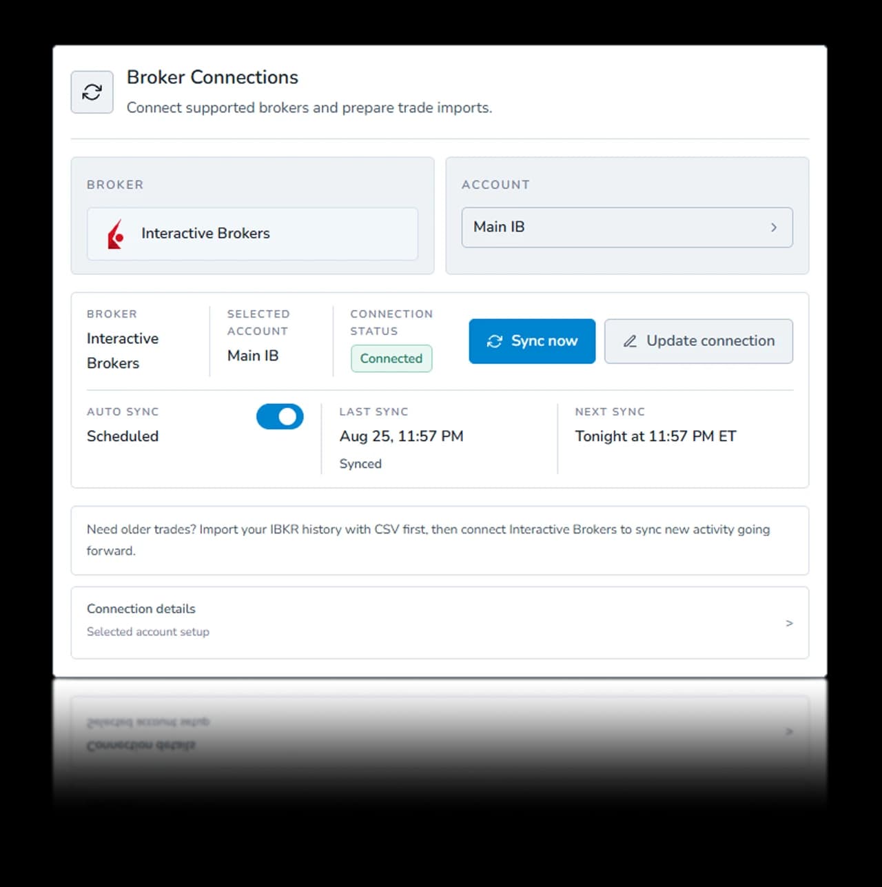 Weezpr Broker Connections showing a configured Interactive Brokers Flex connection, Sync now, and scheduled Auto Sync
