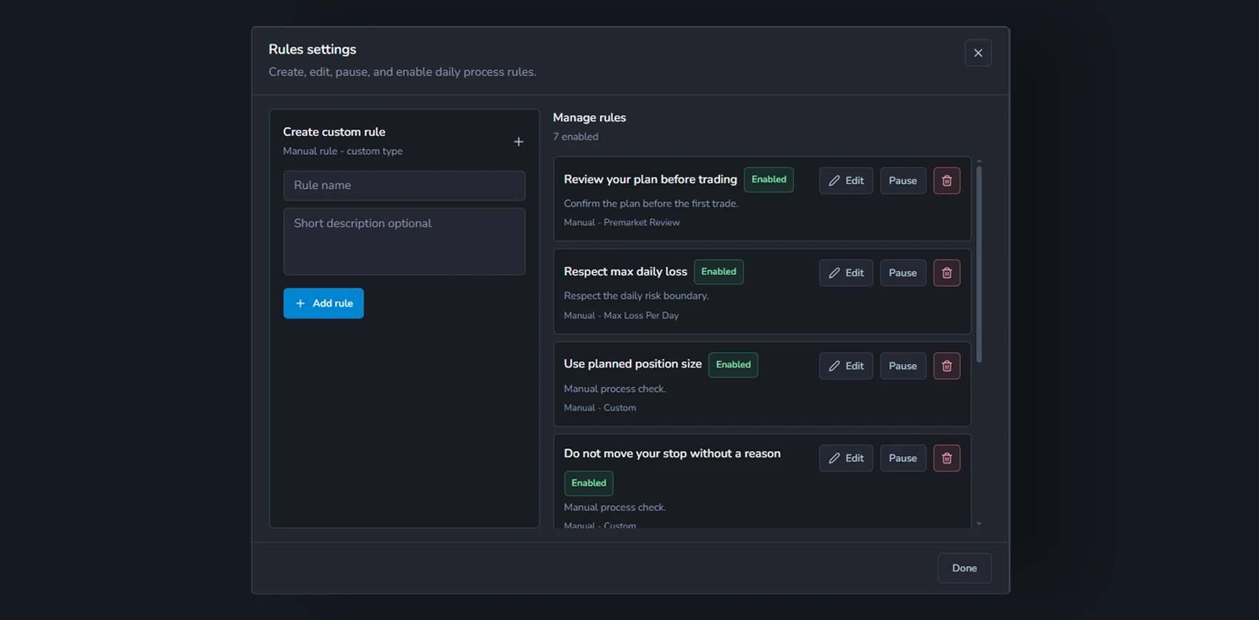 Weezpr Discipline rule settings view for creating, editing, pausing, and managing custom rules.