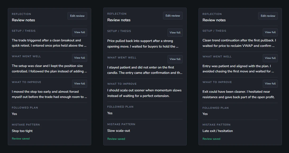 Weezpr Trade Review takeaways panel for saving lessons, improvements, and patterns.
