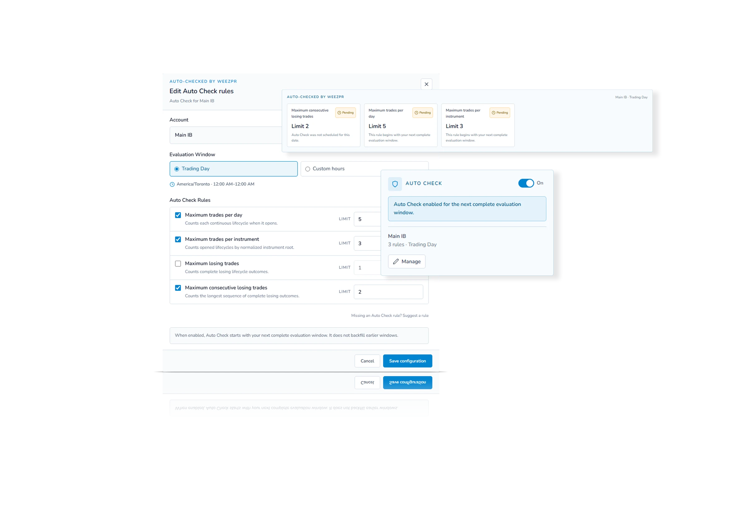 Weezpr Auto Check showing measurable rule configuration and automated evaluation status
