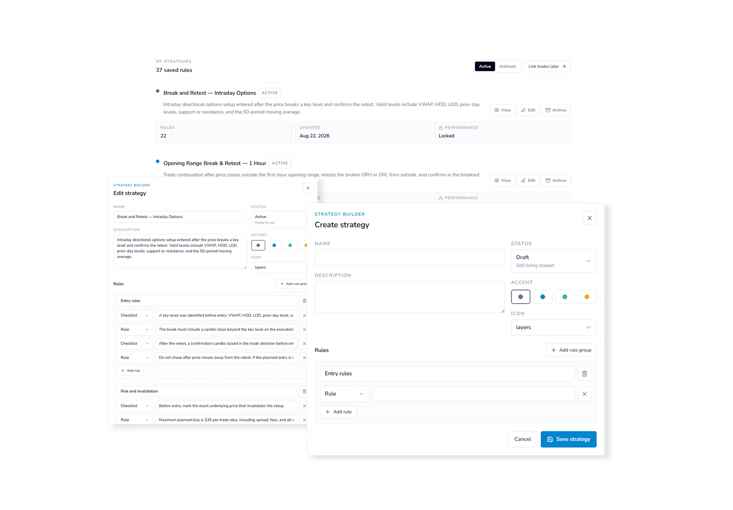 Weezpr Strategy Library showing organized setups and editable entry, exit, and risk rules